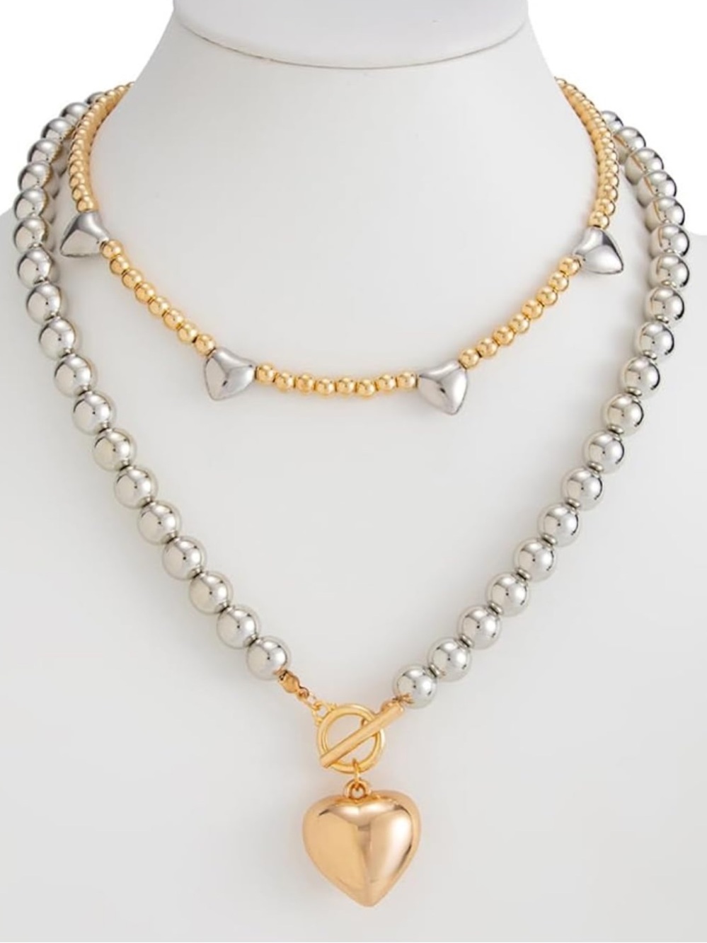 Zara Two-Tone Beaded Heart Toggle Necklace - Gold & Silver